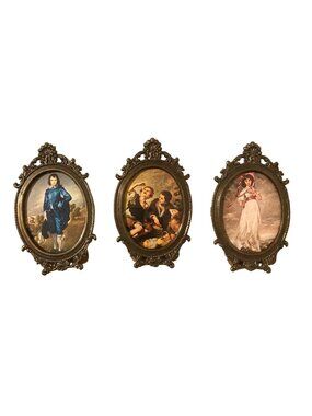 Lot of 3 Italian Metal Miniature Picture Frames With Blue Boy And Pinkie Prints